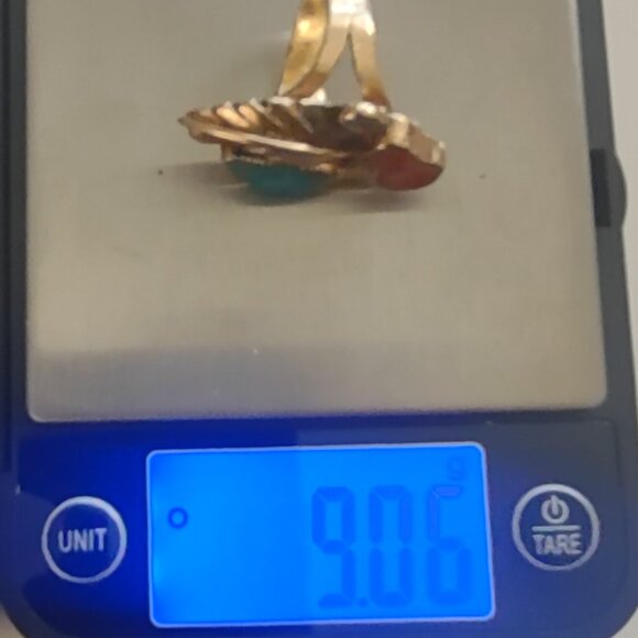 Ben Eustace Sterling Silver Carved Turquoise, Coral Floral Leaf Ring Size: 6 - Picture 10 of 10